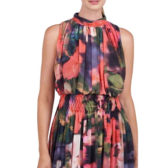Kay Unger Leilani Hibiscus Print Blouson Maxi $388 Dress in Bright Coral Size 8 - Picture 3 of 8